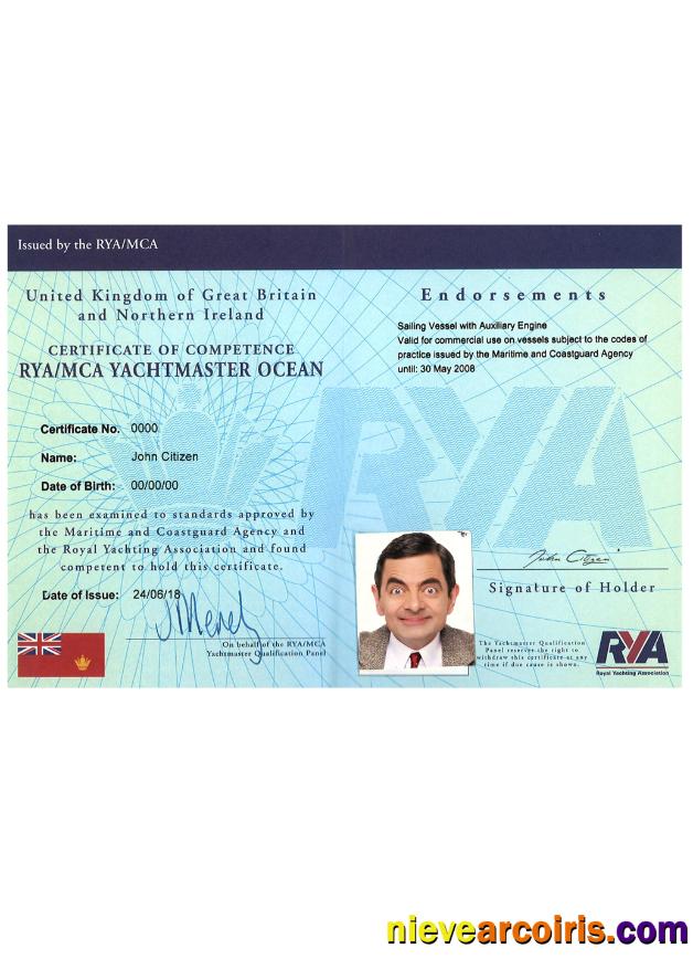 UK RYA Yachtmaster Certificates of Competence